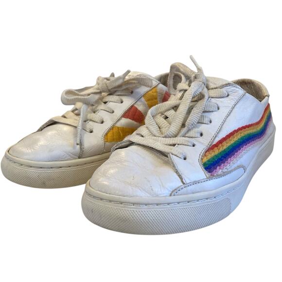 Soludos x Lockhart Embroidery Good Vibes White Leather Rainbow Hippie Shoes Sz 8 - Picture 10 of 16